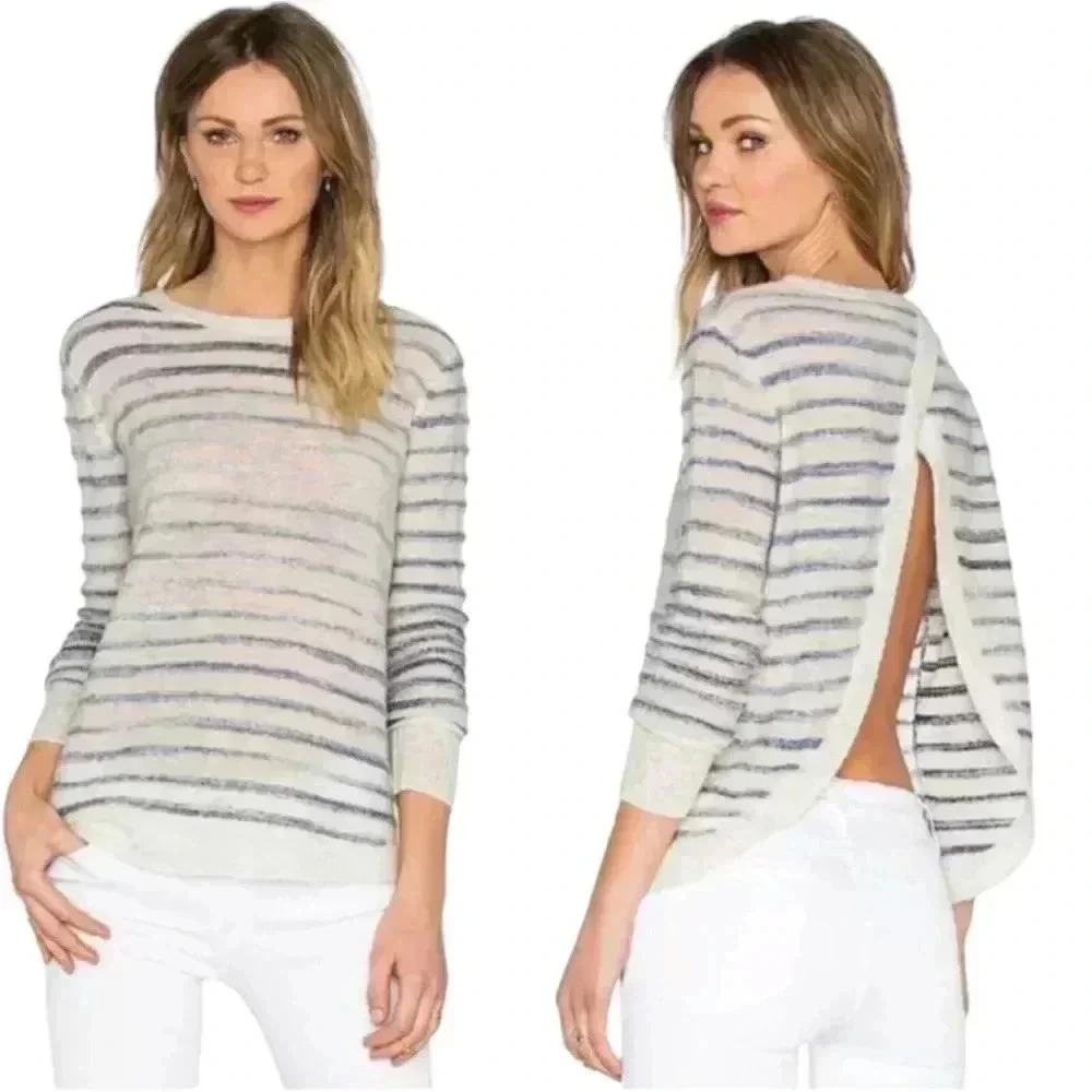 Pam & Gela Grey Striped Lightweight Wool Blend Open Back Sweater Size Small